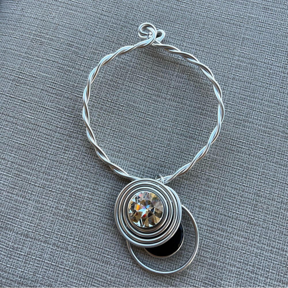 Jeff Lieb Pendant Necklace Silver Tone Rhinestone Choker Modern Art Signed